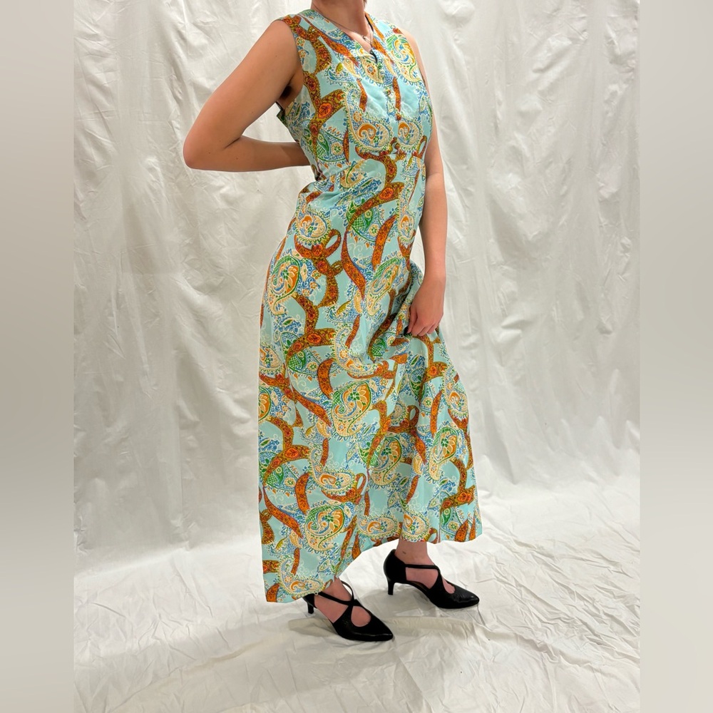 Vintage Blue and Orange Paisley Maxi Dress